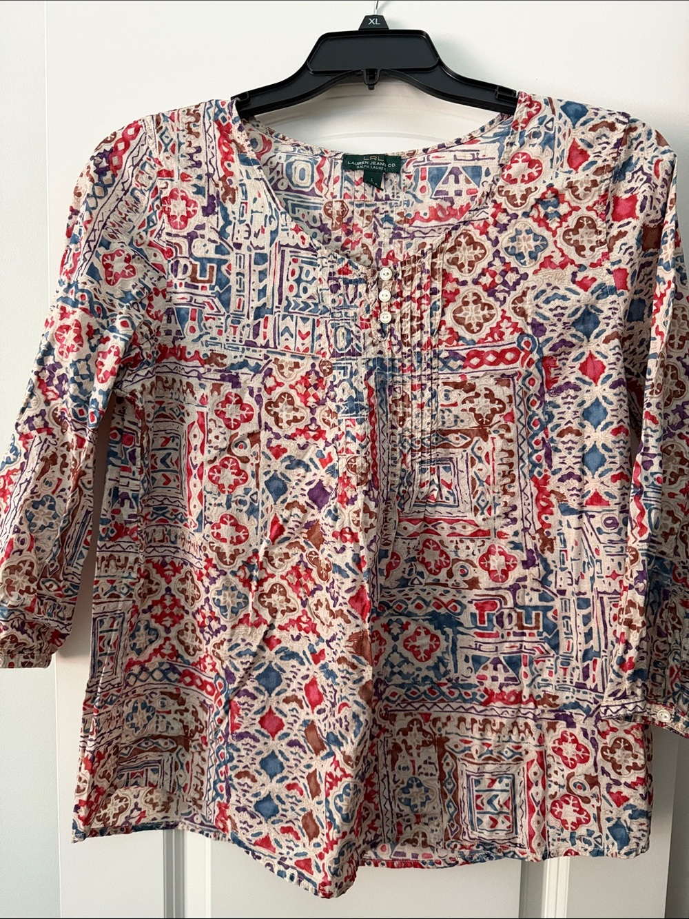 Ralph Lauren Multicolor Printed Pintuck Peasant Top